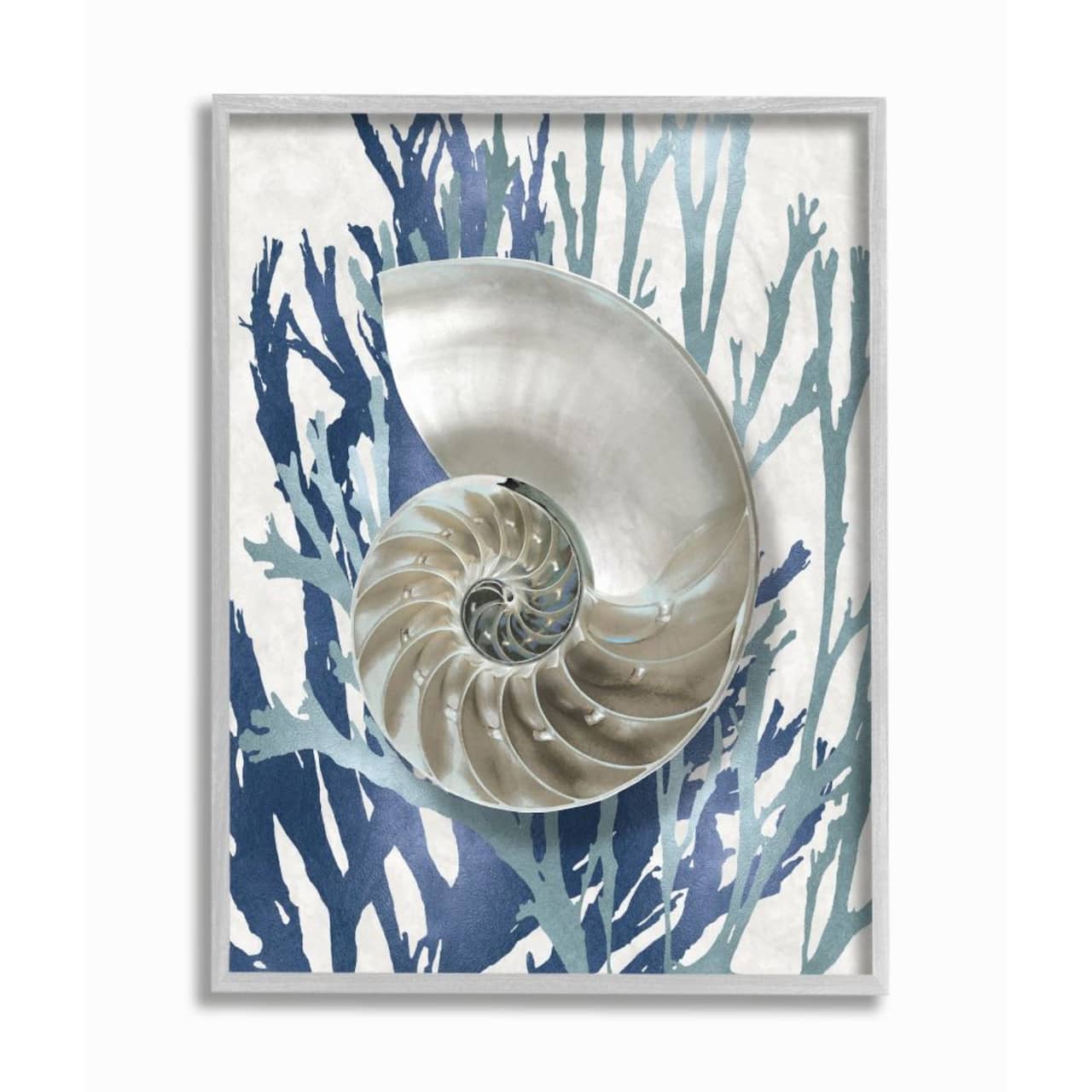 Stupell Industries Shell Coral Beach Blue Design Framed Wall Art